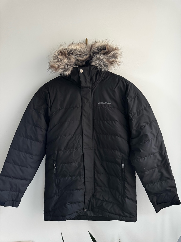 Eddie Bauer Black Men's Insulated Puffer Coat With Faux Fur Hood
